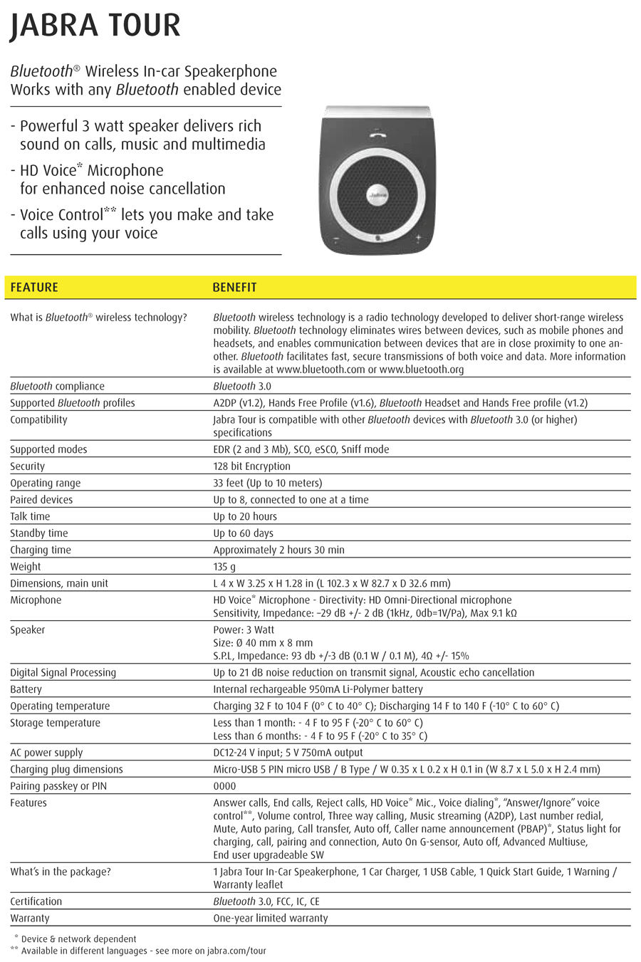 Jabra Tour Wireless InCar Bluetooth Speakerphone Handsfree Headset