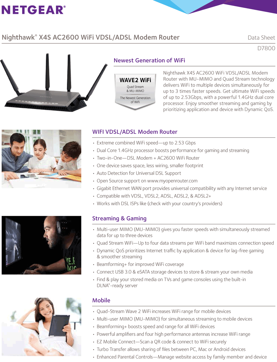 NETGEAR Nighthawk X4S D7800 DualBand AC2600 WiFi VDSL/ADSL Modem
