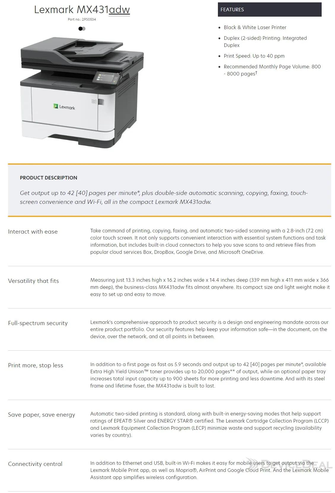 Lexmark MX431ADW Laser Multi Function Printer 29S0534 DeviceDeal