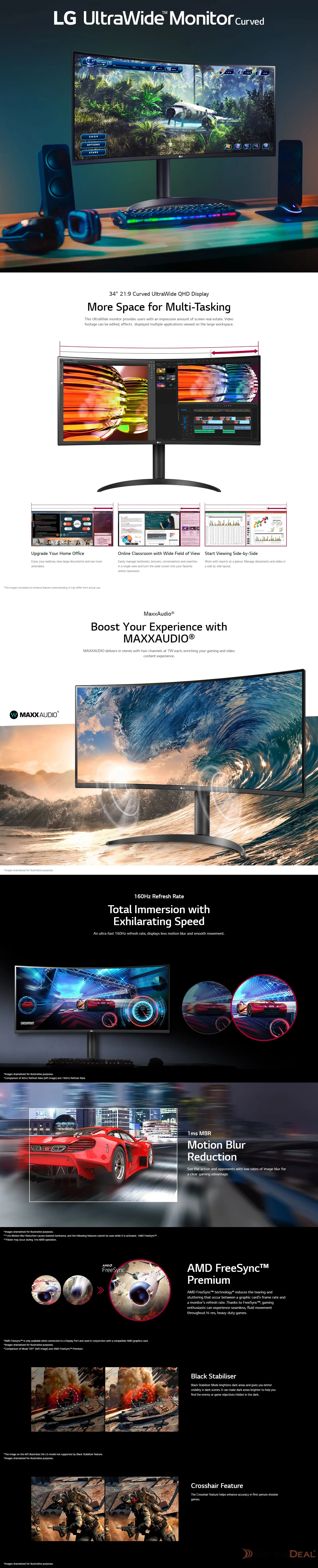 LG 34WP65C Monitor Curvo 34'' UltraWide QHD 3440x1440, VA, 160Hz, 1ms MBR, AMD FreeSync Premium, HDR10, Altoparlanti 14W