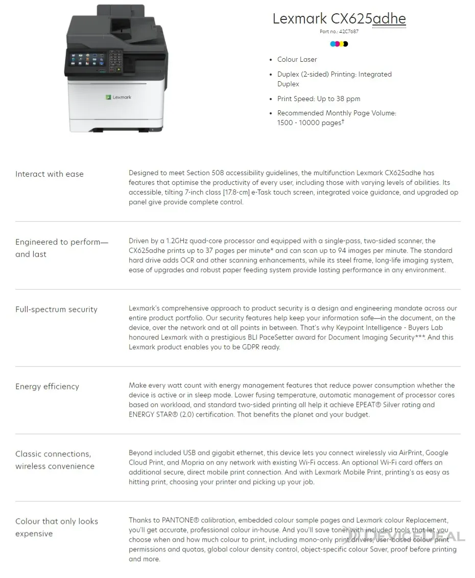 Lexmark CX625adhe Colour Multifunction Laser Printer A4 | DeviceDeal