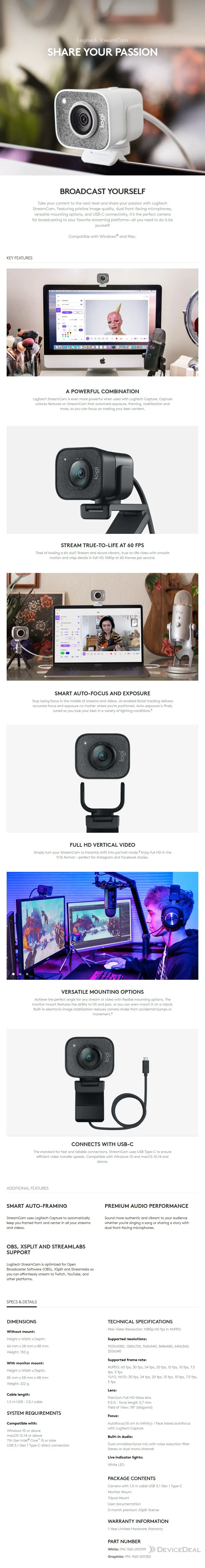 Logitech StreamCam Full HD USB-C Webcam - Graphite 960-001283