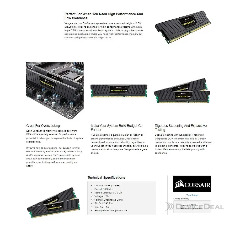 Corsair Vengeance LP 16GB (2x 8GB) DDR3 1600MHz Memory CML16GX3M2A1600C9