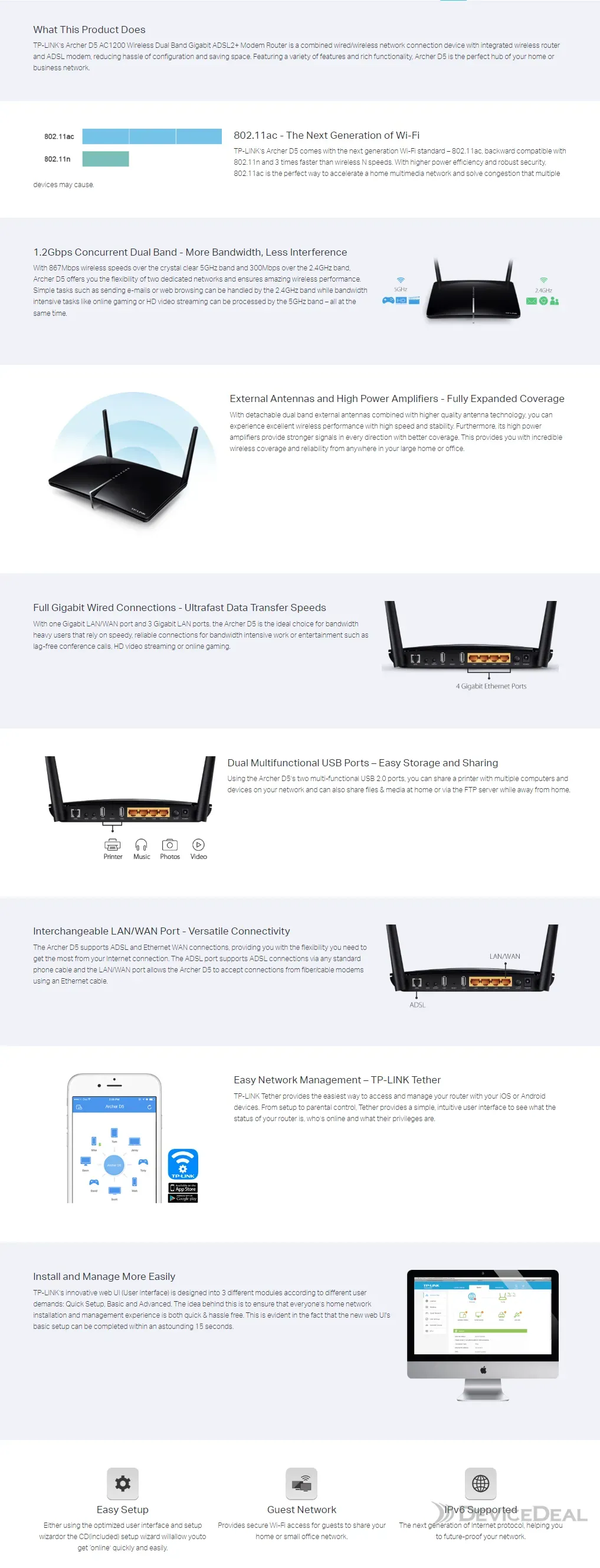 Archer D5, AC1200 Wireless Dual Band Gigabit ADSL2+ Modem Router