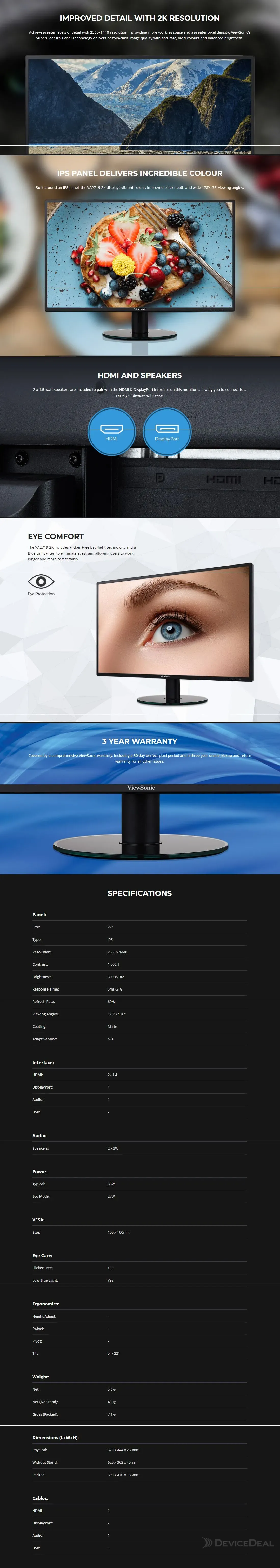 Viewsonic Va2719 2k Smhd 27 Wqhd Ips Led Monitor Va2719 2k