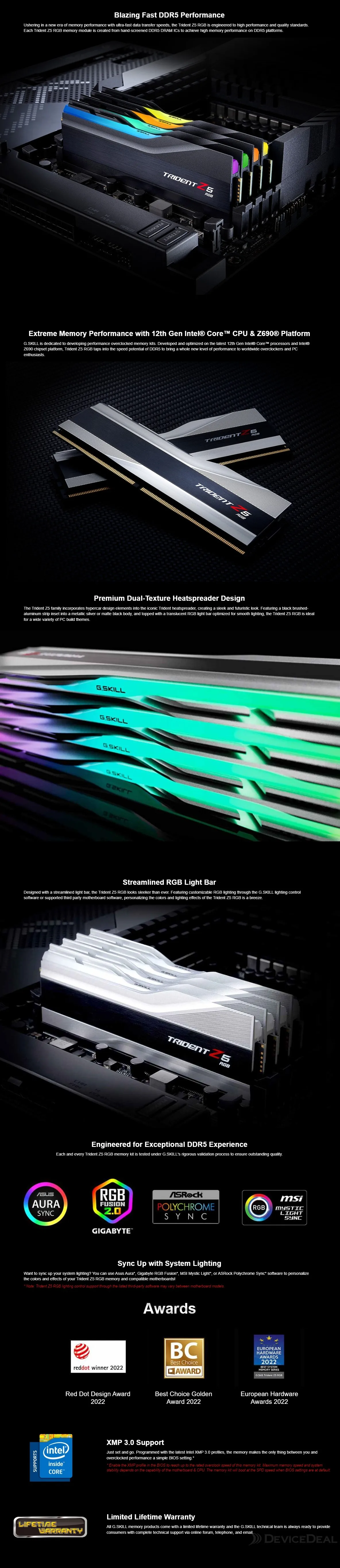 G.SKILL Trident Z5 RGB 32GB (2x16GB) PC Memory RAM DDR5 6400 Intel XMP  848354041368