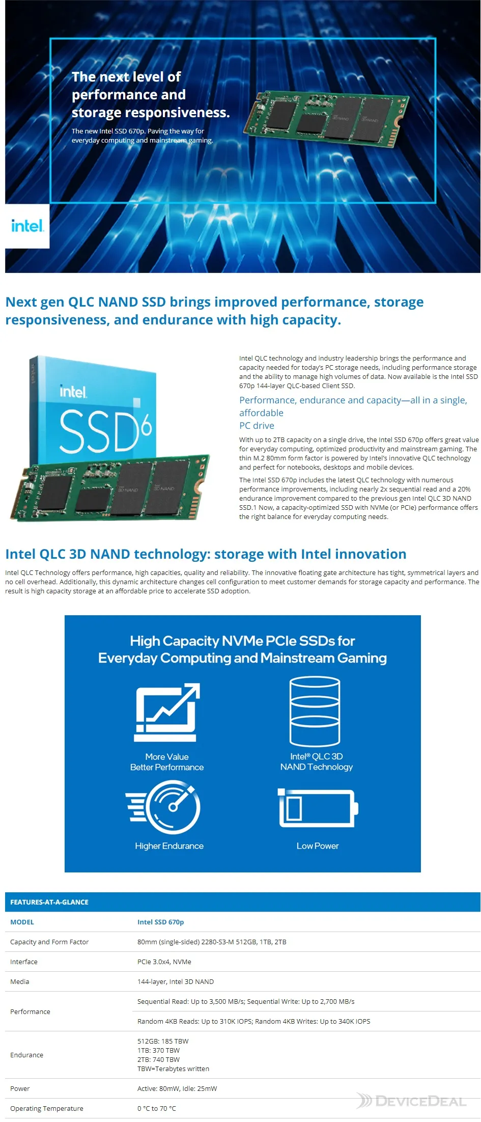 Intel 670P NVMe PCIe M.2 SSD 1TB 3D4 QLC 3500MB/s 2500MB/s R/W