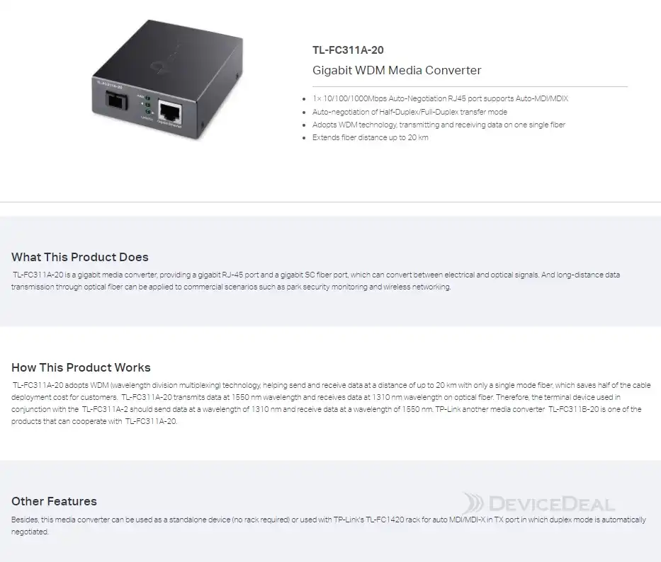 TP-Link TL-FC311A-20 Gigabit WDM Media Converter | DeviceDeal