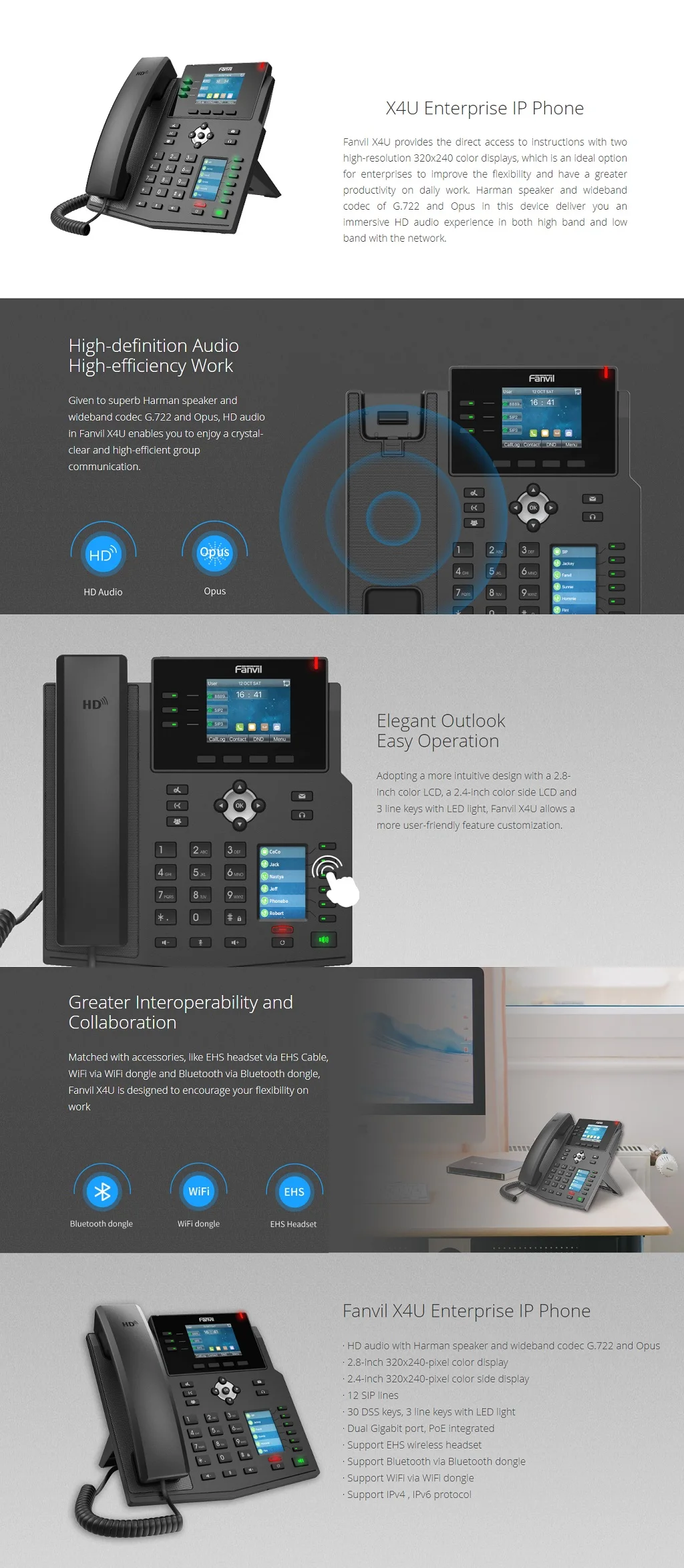 Fanvil X4U 12-Line Mid-level IP Phone – 2.8" Color Screen & 2.4" Side Screen