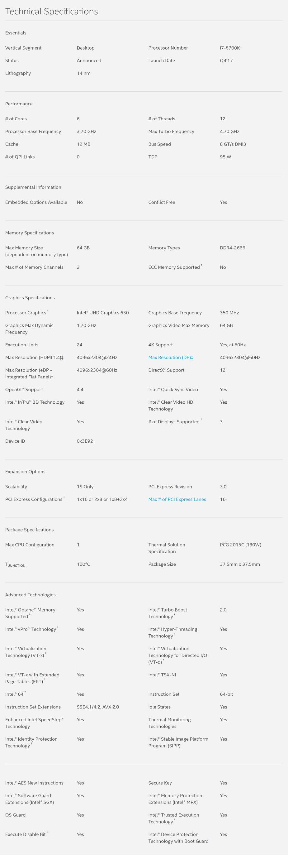 Intel Core I7 8700k Hex Core Lga 1151 2 3 70ghz Unlocked Cpu Processor