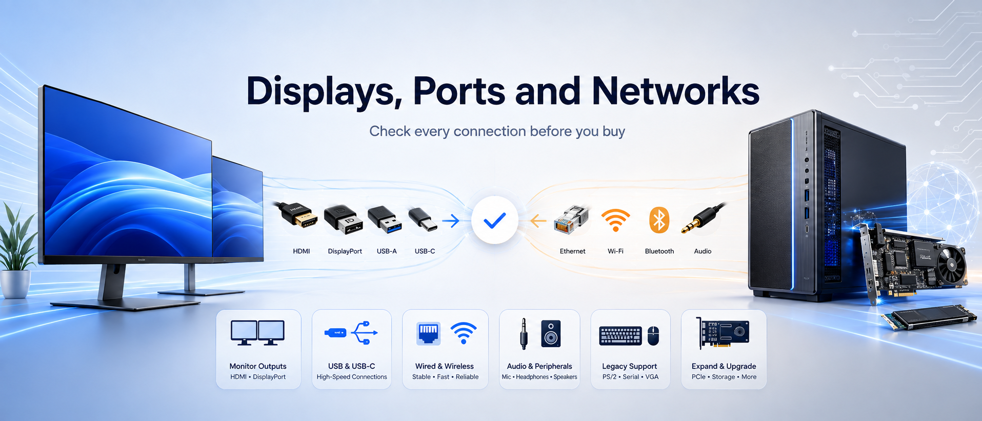Displays, Ports and Networks infographic showing monitor, USB, Ethernet, Wi-Fi, Bluetooth, audio, legacy and expansion connections