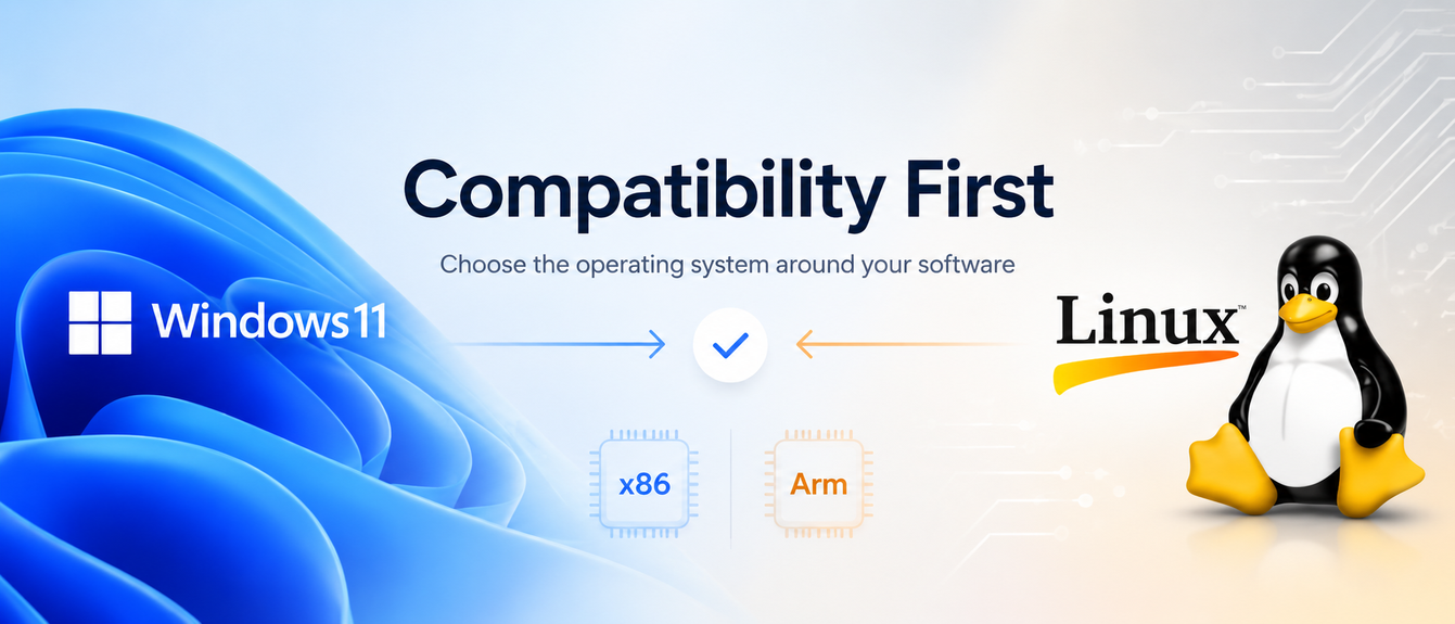 Compatibility First infographic comparing Windows 11 and Linux, with x86 and Arm processor architecture icons