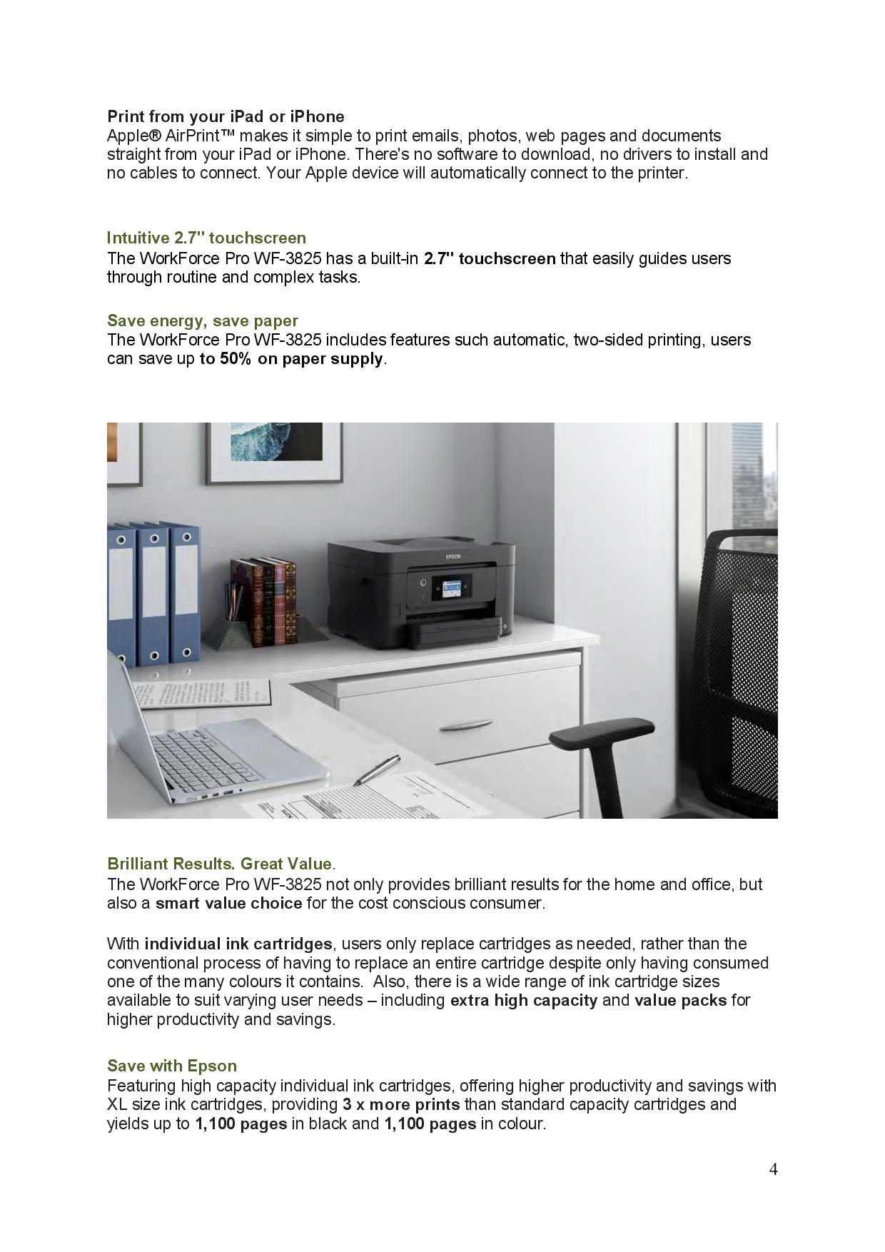 Epson Workforce Pro WF3825 4 Color Multifunction Inkjet Printer