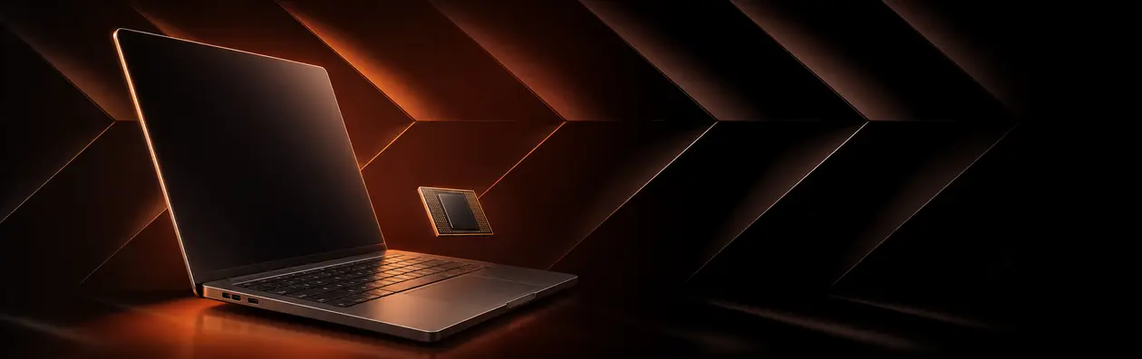 Modern laptop and mobile processor visual on a black and copper background