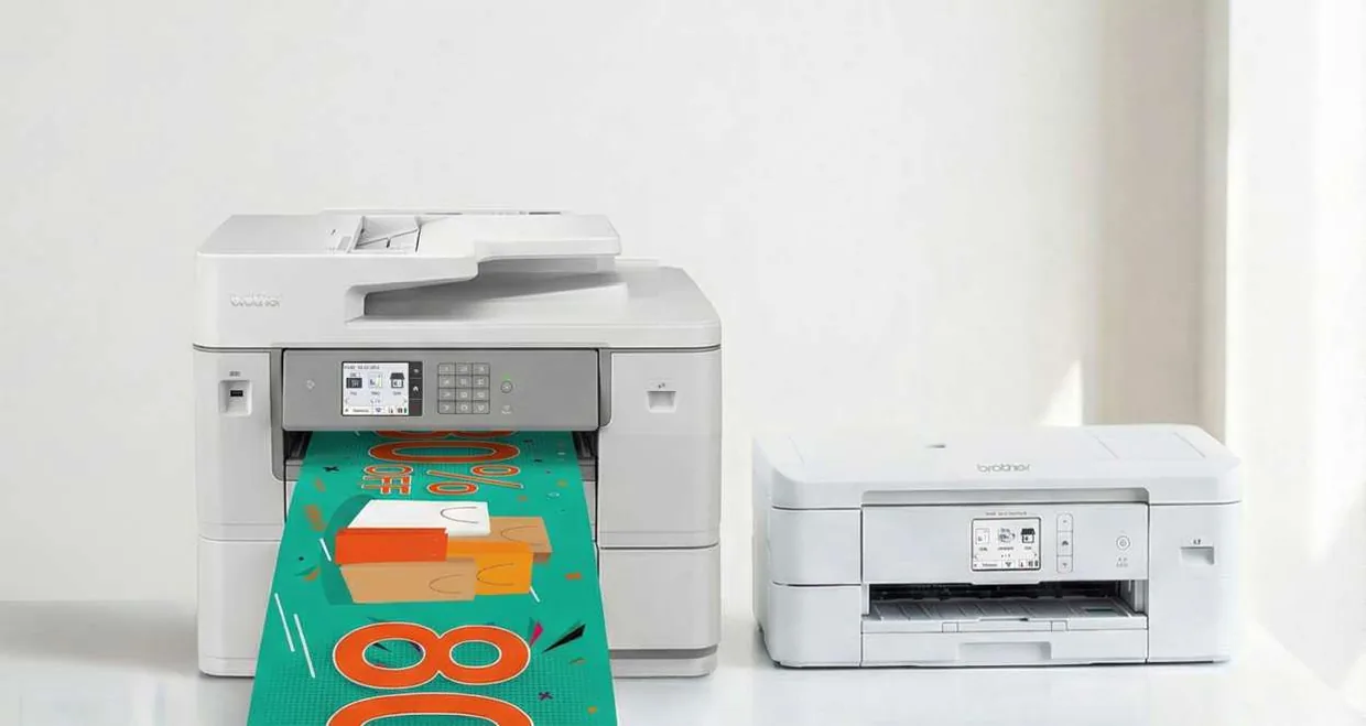 Brother printers demonstrating long roll printing and print-and-cut output