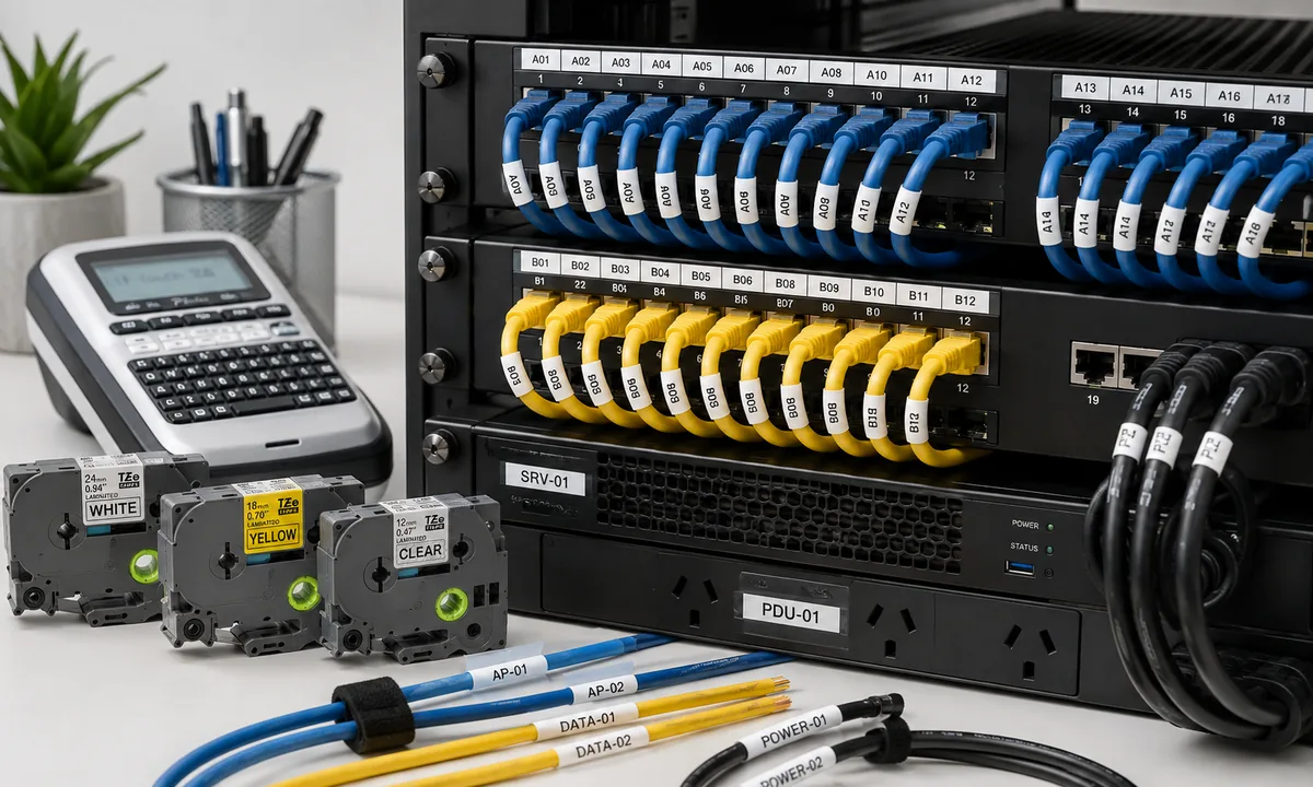 Durable Brother labels identifying network ports and cables