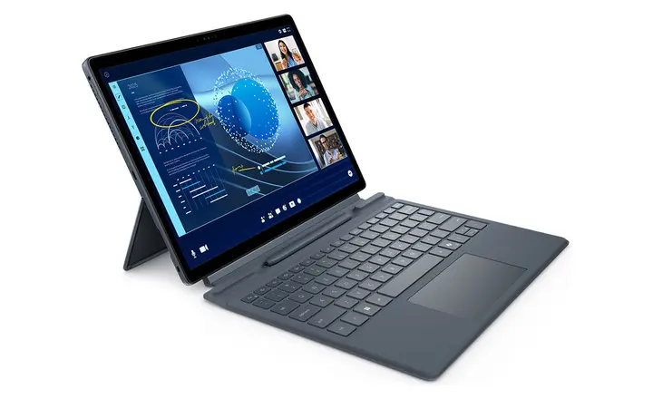 Dark detachable laptop with keyboard and screen