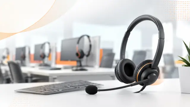 Call-centre team members wearing business headsets