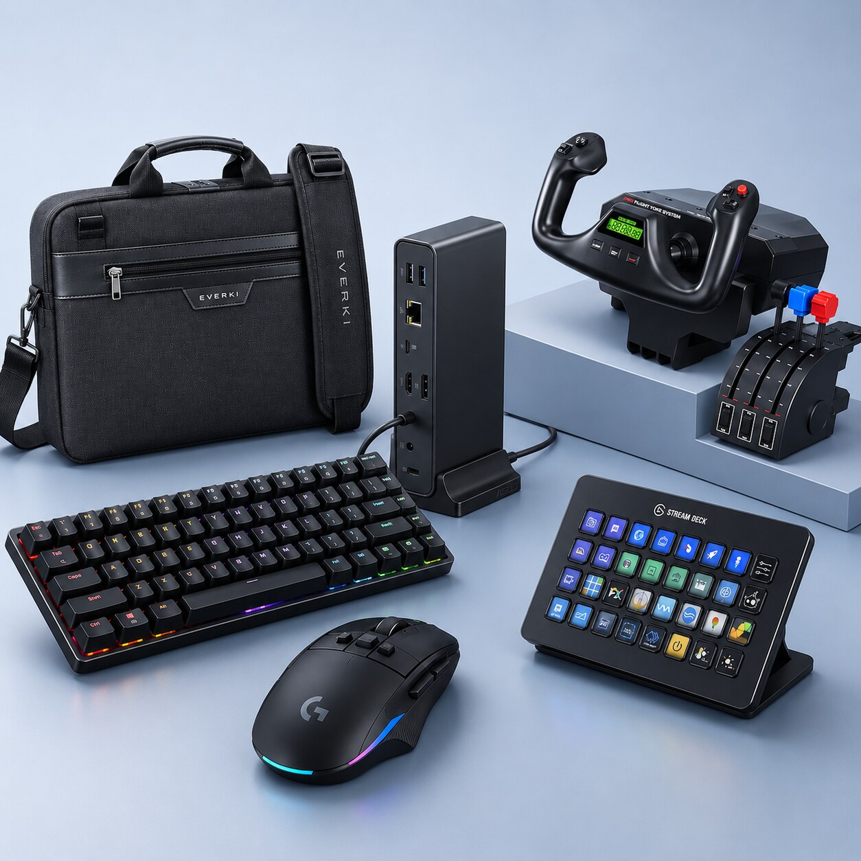 Computer accessories including a keyboard, mouse, dock, laptop bag and gaming controls
