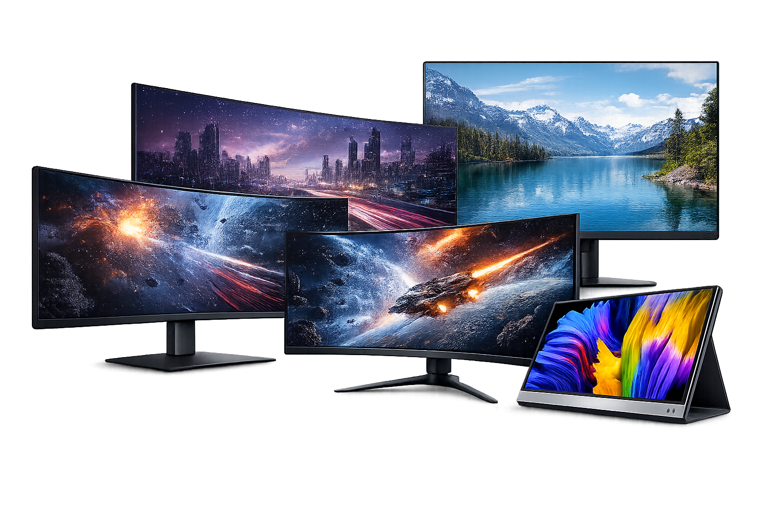 Collection of desktop, ultrawide and portable computer monitors