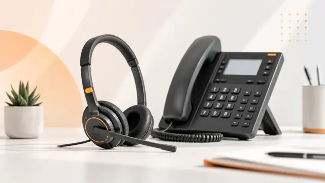 Business headset positioned beside a desk phone