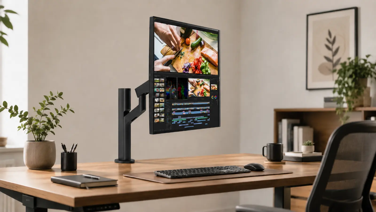 Height-adjustable monitor on an organised home-office desk