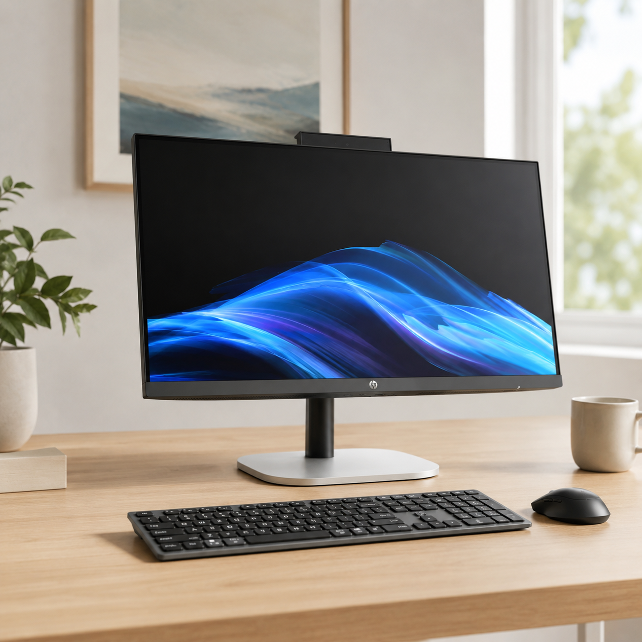 All-in-one desktop computer with keyboard and mouse on a desk