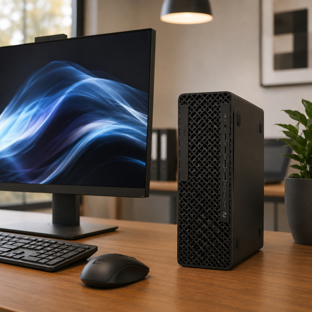 Compact desktop PC with monitor, keyboard and mouse in a home office