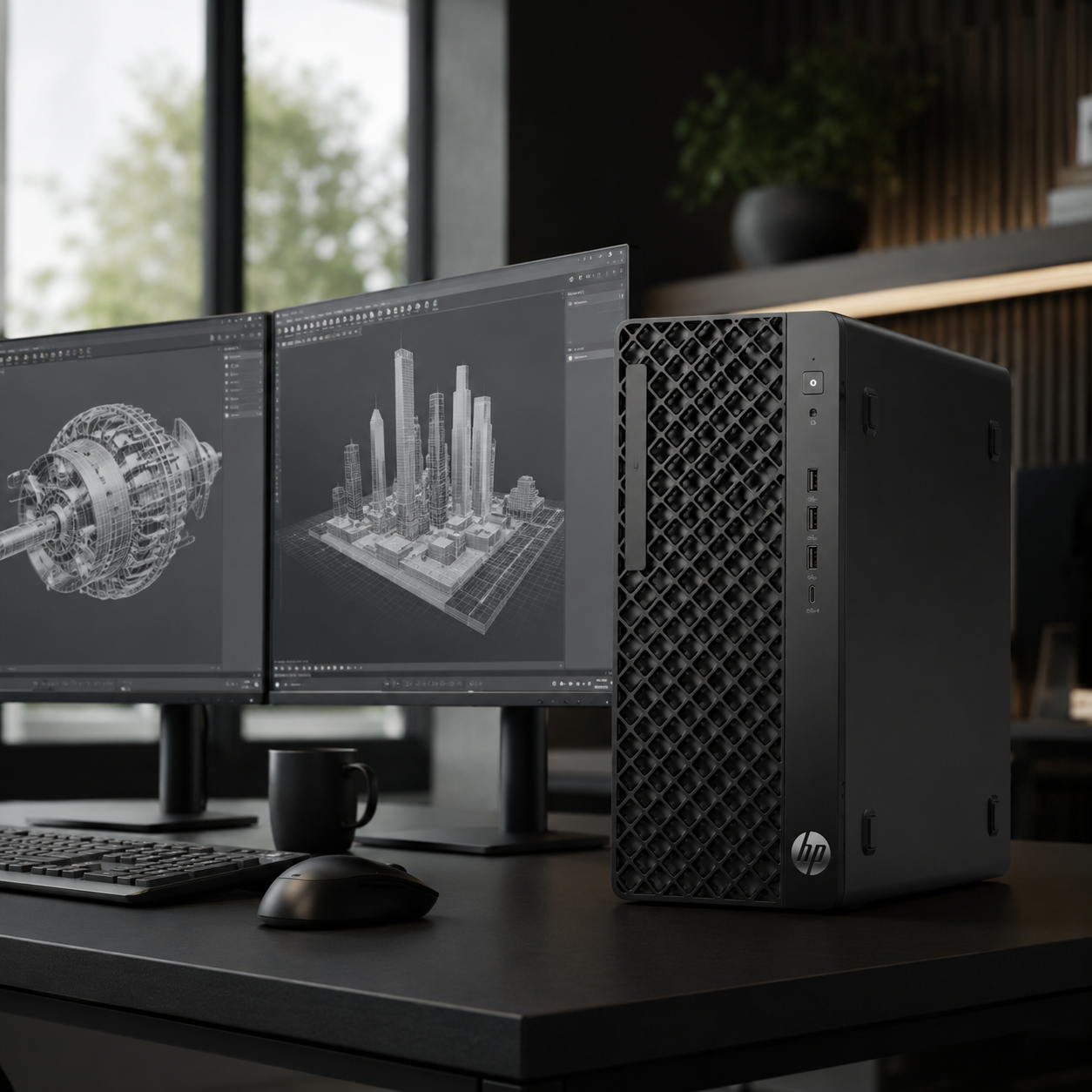 Professional workstation beside dual monitors showing detailed 3D design work