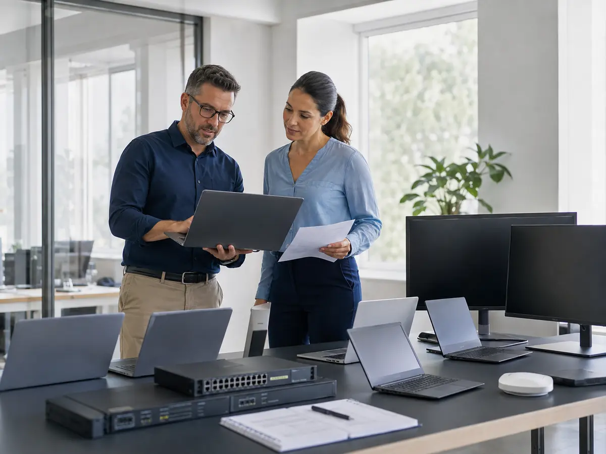 Business professionals reviewing laptops, monitors and networking equipment for an IT purchase