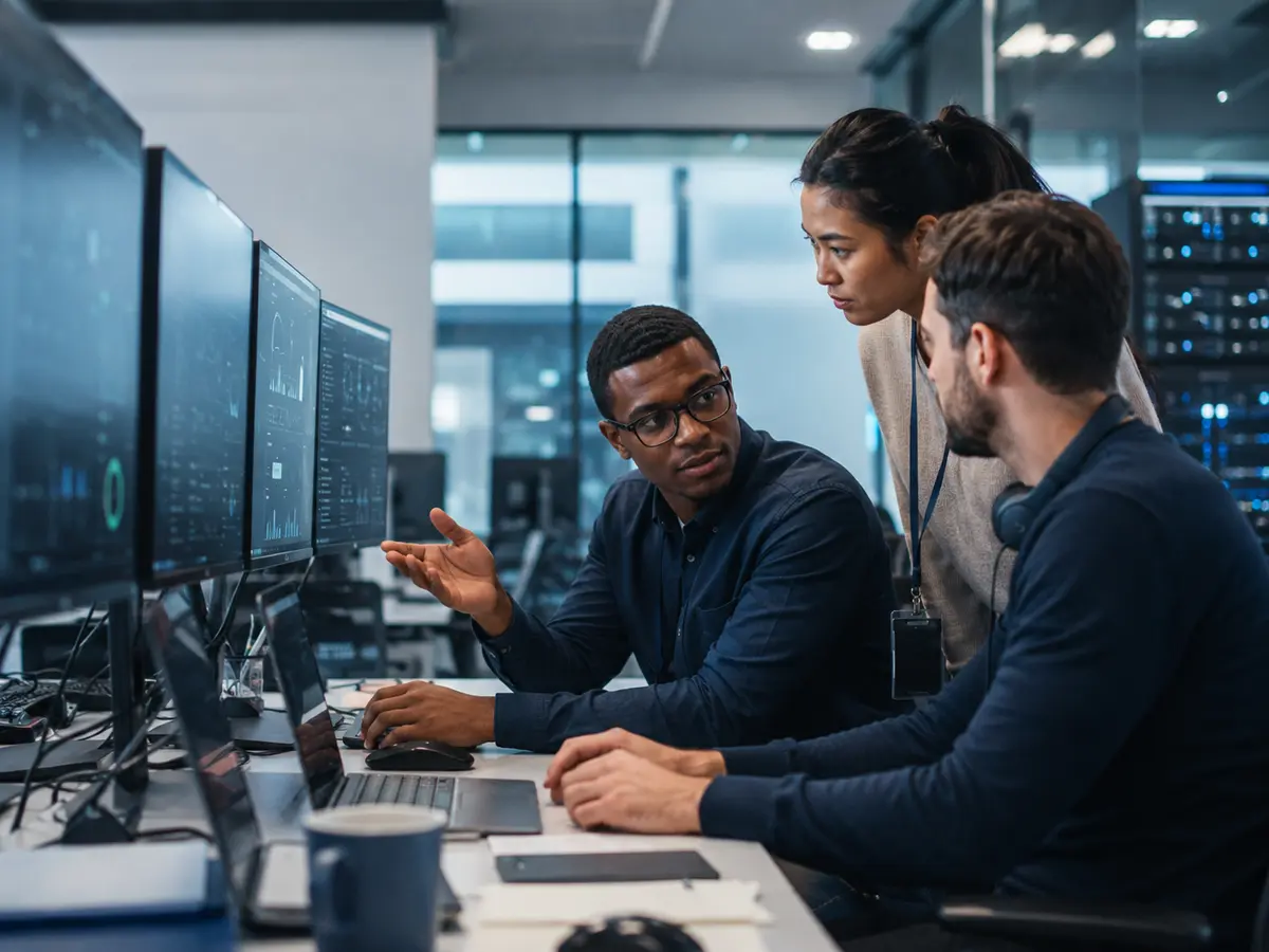 IT service team reviewing system information in a modern support workspace