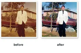 Before and after example of an old photograph restored during scanning