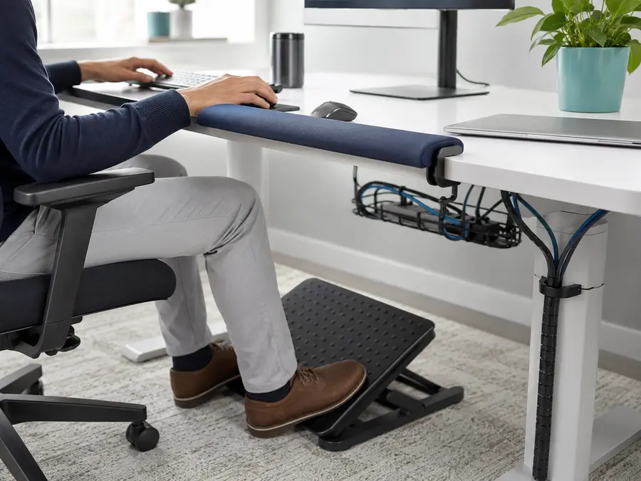 Office desk with a footrest and padded forearm support