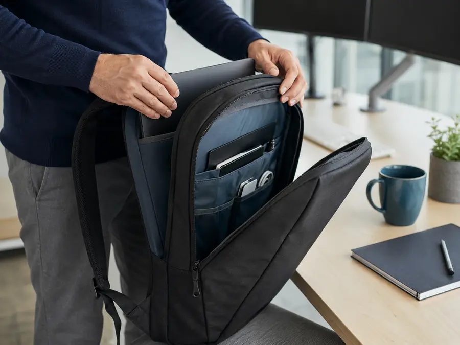 Padded laptop backpack with organised device compartments