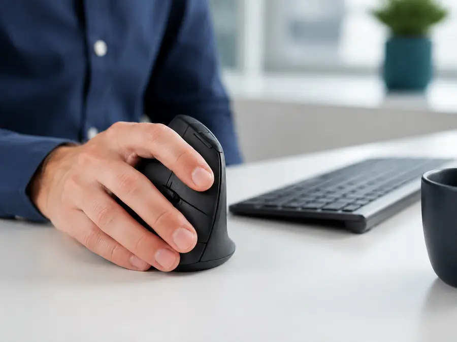 Hand using a vertical ergonomic mouse beside a keyboard