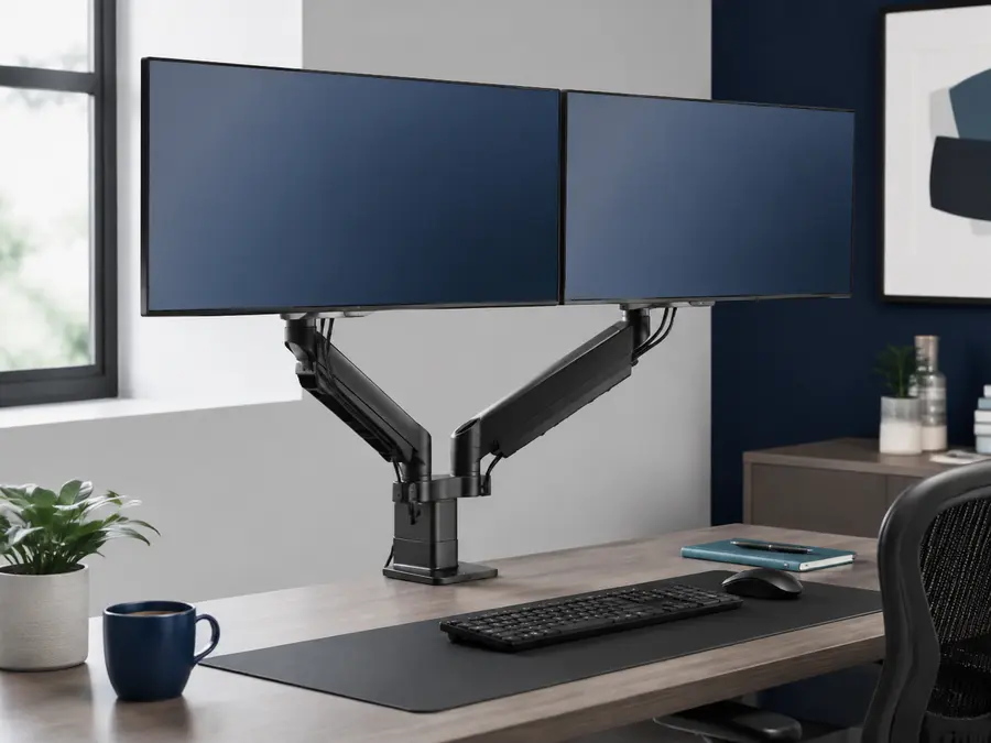 Two computer monitors installed on an adjustable dual monitor arm