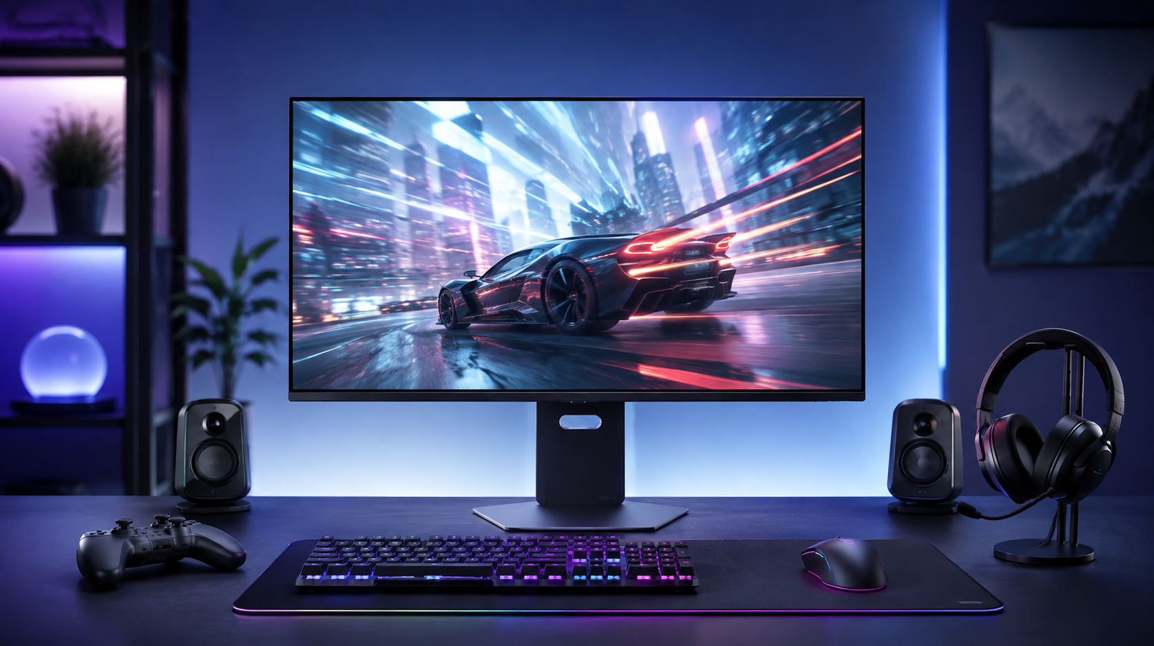 Gaming monitor on a desk with speakers, controller, keyboard and headset