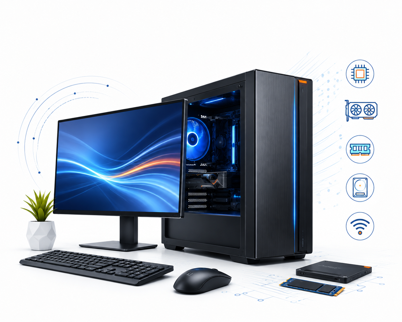 Desktop computer setup with a monitor, tower, keyboard, mouse and component icons