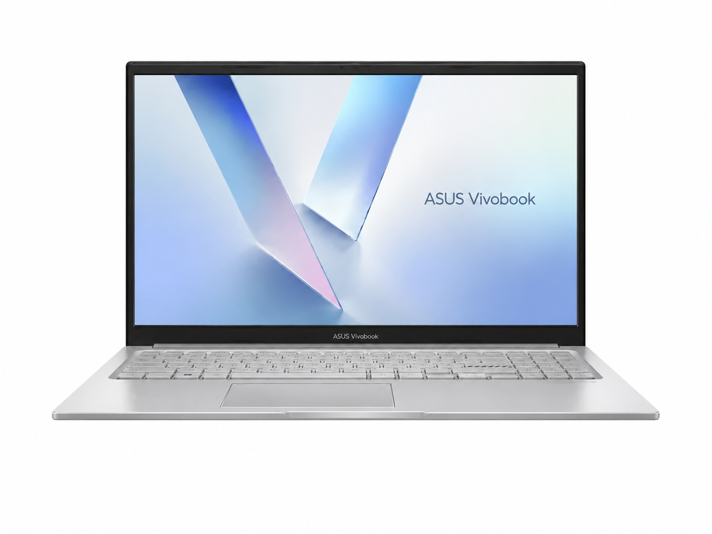 Silver laptop open on a white background