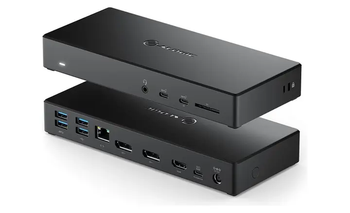 Two black laptop docking stations with connection ports