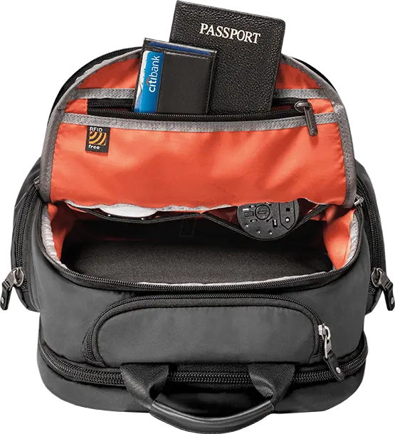 Open black laptop carry bag with storage compartments