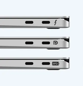 Examples of USB-C ports with Thunderbolt, DisplayPort and USB symbols