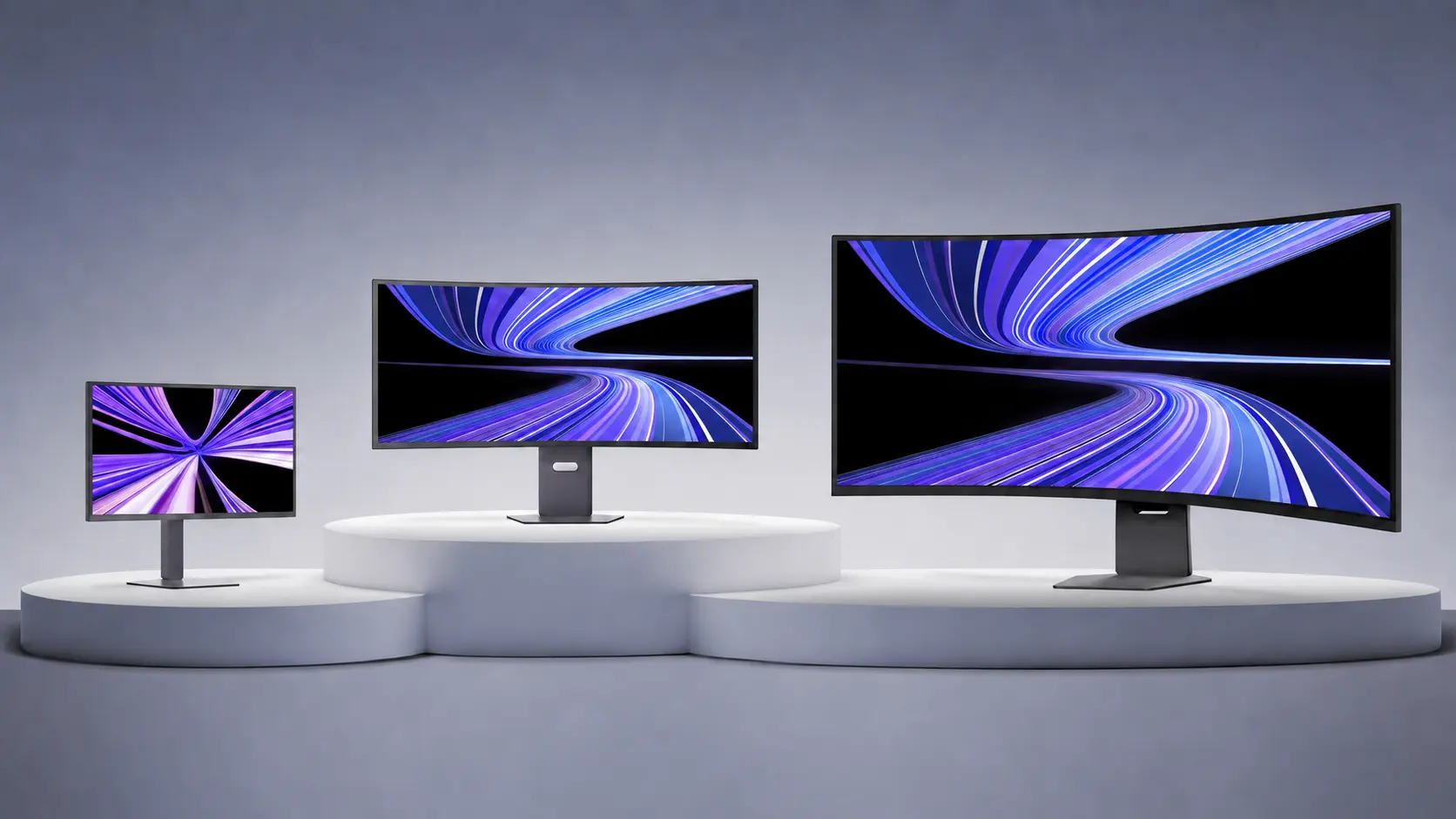 Three computer monitors in different sizes displaying blue and purple abstract graphics