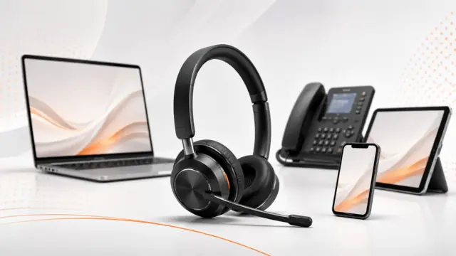 Three people using headsets with a laptop, desk phone and smartphone