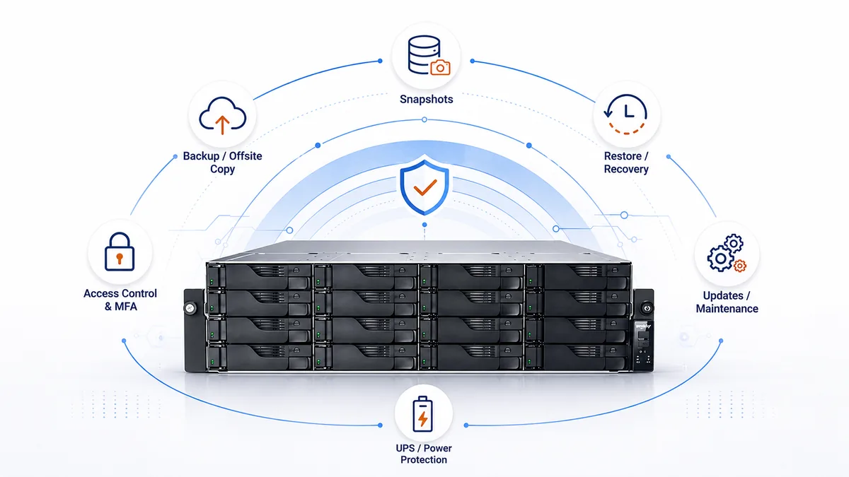 NAS backup and data protection workflow with separate backup and UPS