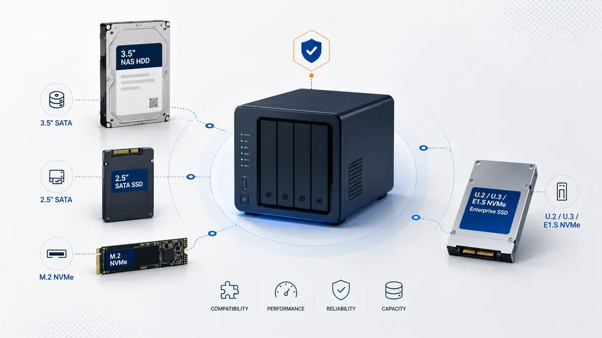 NAS drive interface comparison showing SATA, SAS and NVMe storage types