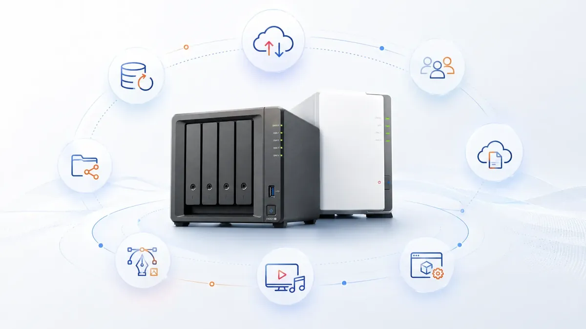 Diagram of common NAS uses including backup, file sharing and media storage