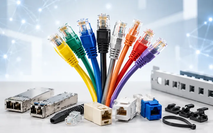Ethernet cables, transceiver modules, network sockets and cable-management accessories