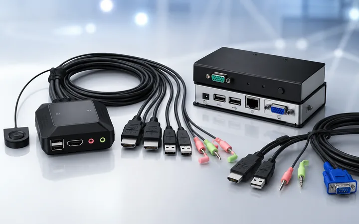 KVM switches with video, USB, audio and network cables