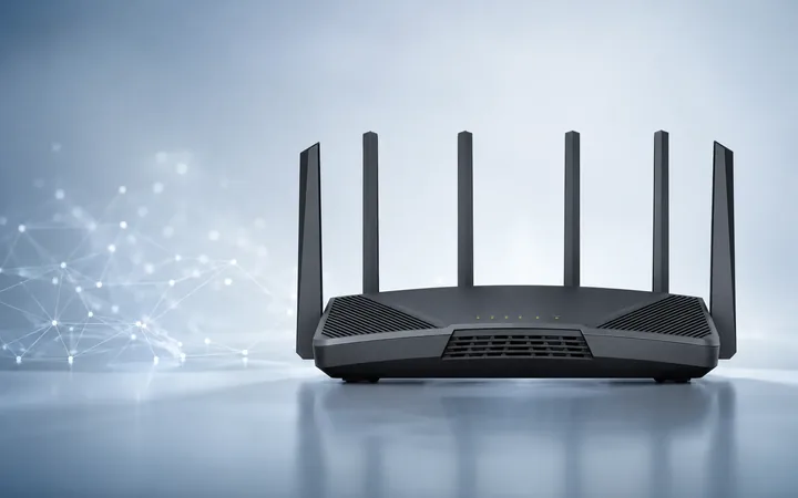 Black wireless router with six external antennas
